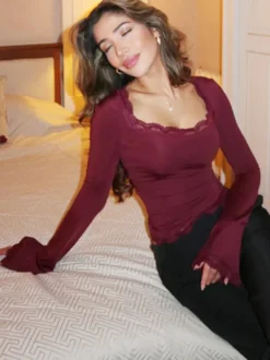 Haut court pour femme marron café en dentelle à col rond et manches longues style chic
