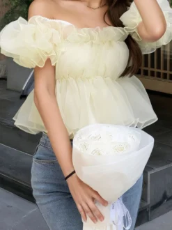 Haut court péplum en organza à épaules dénudées et manches bouffantes blouse féerique pour femme