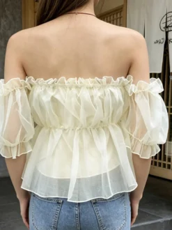 Haut court péplum en organza à épaules dénudées et manches bouffantes blouse féerique pour femme