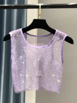 Haut de soirée sexy à col rond en résille sans manches en polyester