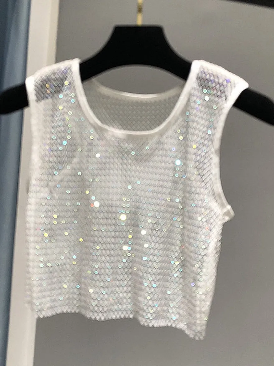 Haut de soirée sexy à col rond en résille sans manches en polyester