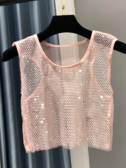 Haut de soirée sexy à col rond en résille sans manches en polyester