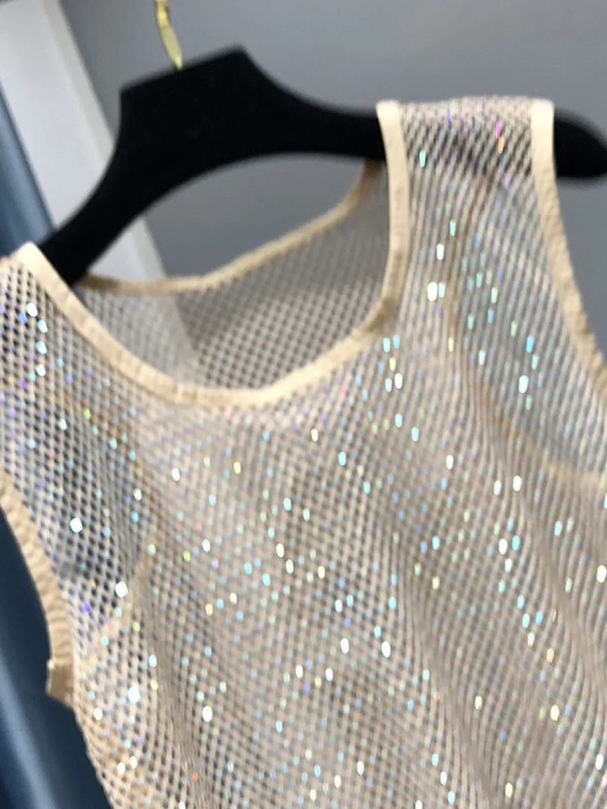 Haut de soirée sexy à col rond en résille sans manches en polyester