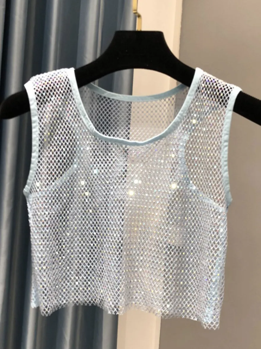 Haut de soirée sexy à col rond en résille sans manches en polyester