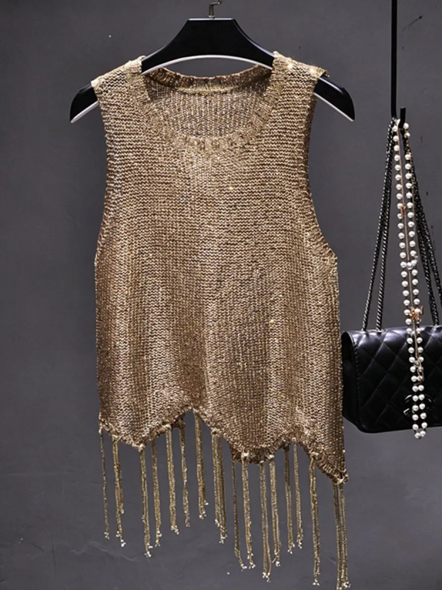 Haut de soirée unique à col rond et sequins sans manches