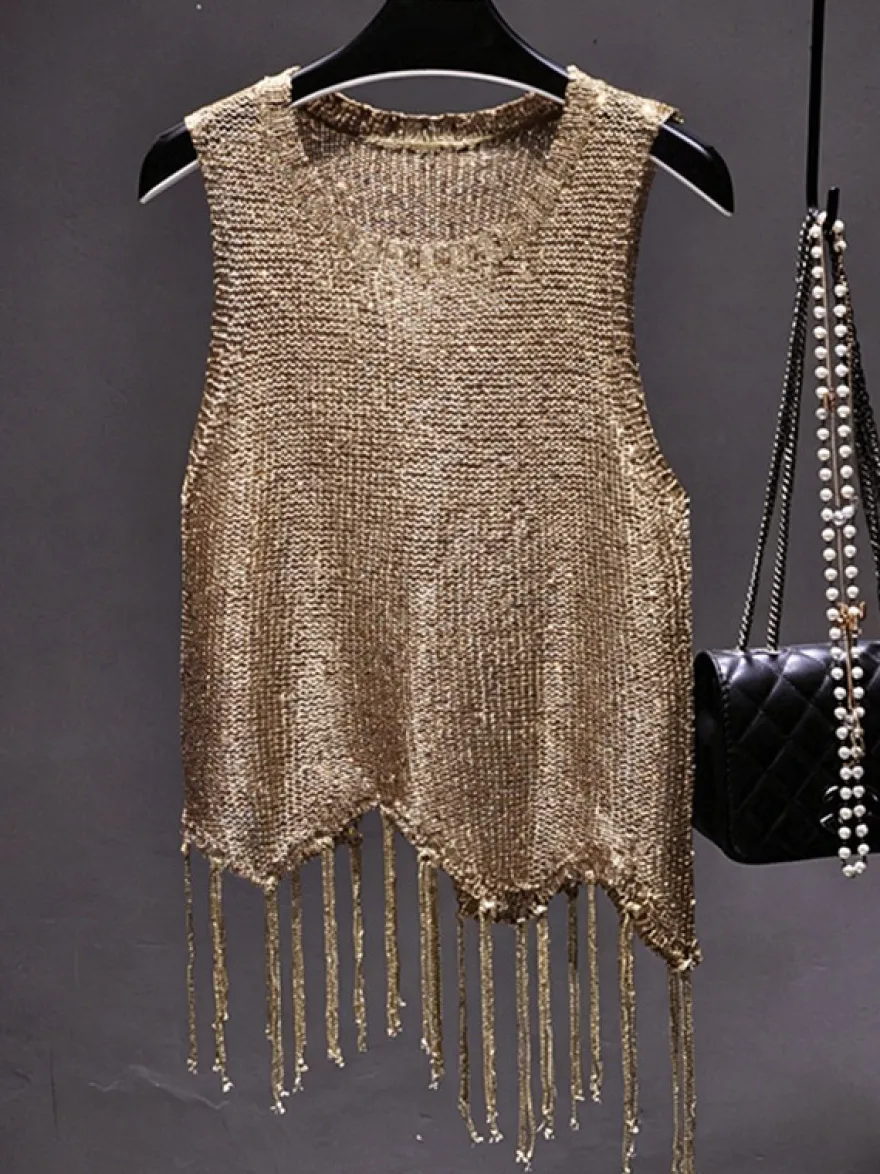 Haut de soirée unique à col rond et sequins sans manches