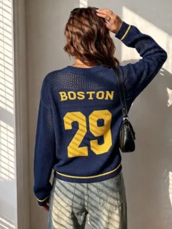 Haut en maille ajourée à imprimé chiffres Boston Letter Star à manches longues