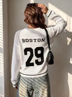 Haut en maille ajourée à imprimé chiffres Boston Letter Star à manches longues