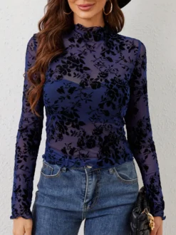 Haut moulant à col montant imprimé floral floqué manches longues transparentes style skinny collection femme 2026