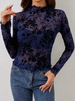 Haut moulant à col montant imprimé floral floqué manches longues transparentes style skinny collection femme 2026