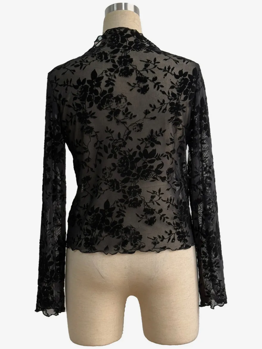 Haut moulant à col montant imprimé floral floqué manches longues transparentes style skinny collection femme 2026