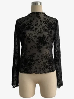 Haut moulant à col montant imprimé floral floqué manches longues transparentes style skinny collection femme 2026