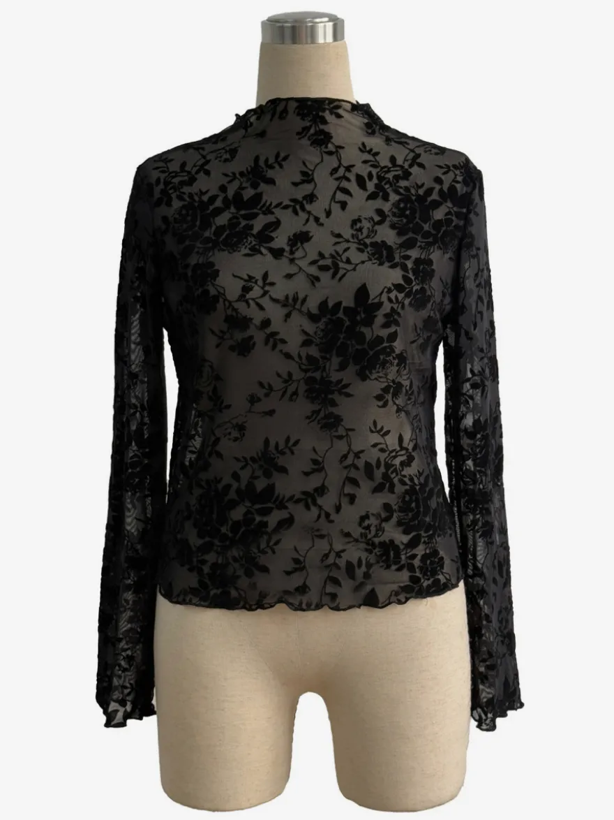 Haut moulant à col montant imprimé floral floqué manches longues transparentes style skinny collection femme 2026