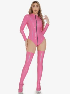 Hauts de clubwear tendance à col montant fermeture éclair manches longues cuir PU