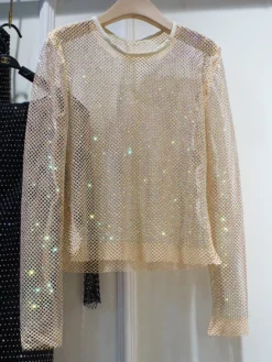 Hauts de soirée sexy à col rond orné de strass manches longues en polyester