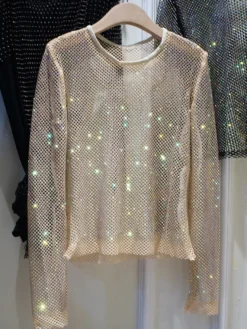 Hauts de soirée sexy à col rond orné de strass manches longues en polyester