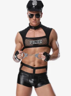 Hommes Sexy Costume Halloween Police Adulte Pantalon Top Gants Chapeau PU Cuir Tenu de Club Lingerie