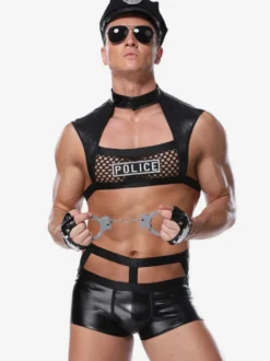 Hommes Sexy Costume Halloween Police Adulte Pantalon Top Gants Chapeau PU Cuir Tenu de Club Lingerie