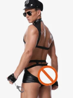 Hommes Sexy Costume Halloween Police Adulte Pantalon Top Gants Chapeau PU Cuir Tenu de Club Lingerie