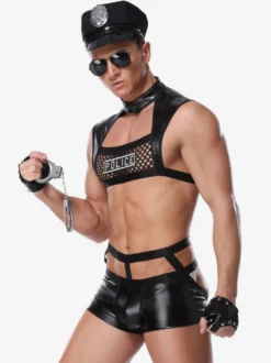 Hommes Sexy Costume Halloween Police Adulte Pantalon Top Gants Chapeau PU Cuir Tenu de Club Lingerie