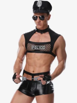 Hommes Sexy Costume Halloween Police Adulte Pantalon Top Gants Chapeau PU Cuir Tenu de Club Lingerie