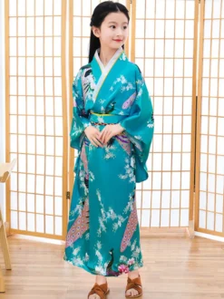 Japonais Costumes Kimono Cyan Bleu Enfants Oriental Fille Robe Costumes de Fêtes Déguisements Halloween