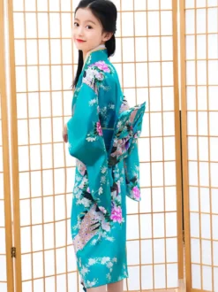 Japonais Costumes Kimono Cyan Bleu Enfants Oriental Fille Robe Costumes de Fêtes Déguisements Halloween