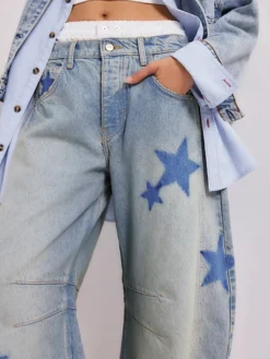 Jean ample à imprimé étoiles pour femme - Délavage clair style bohème - Pantalon en denim baggy à motif fer à cheval - Festival de musique de printemps 2026