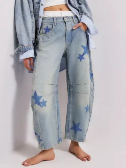 Jean ample à imprimé étoiles pour femme - Délavage clair style bohème - Pantalon en denim baggy à motif fer à cheval - Festival de musique de printemps 2026