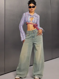 Jean baggy taille haute pour femme - Pantalon en denim délavé bleu clair effet usé jambes larges - Festival de musique de printemps 2026