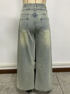 Jean baggy taille haute pour femme - Pantalon en denim délavé bleu clair effet usé jambes larges - Festival de musique de printemps 2026