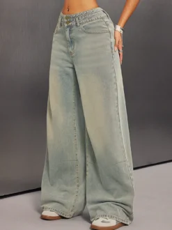 Jean baggy taille haute pour femme - Pantalon en denim délavé bleu clair effet usé jambes larges - Festival de musique de printemps 2026