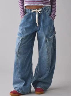 Jean cargo ample pour femme - Pantalon large délavé style rétro Y2K taille basse avec cordon de serrage - Collection printemps streetwear 2026