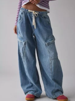 Jean cargo ample pour femme - Pantalon large délavé style rétro Y2K taille basse avec cordon de serrage - Collection printemps streetwear 2026