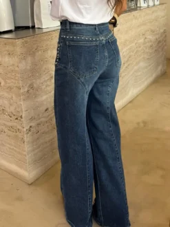 Jean droit clouté pour femme - Délavage moyen détail rivets rétro jambes larges - Mode printemps-été 2026