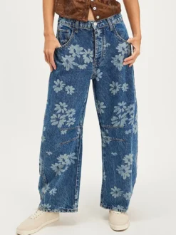 Jean fleuri à jambes larges pour femme - Pantalon en denim bohème à coupe en fer à cheval - Festival de musique de printemps 2026