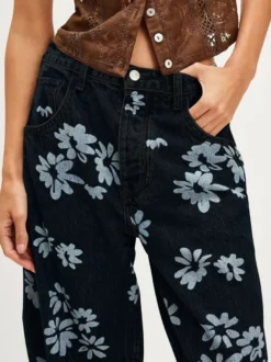 Jean fleuri à jambes larges pour femme - Pantalon en denim bohème à coupe en fer à cheval - Festival de musique de printemps 2026