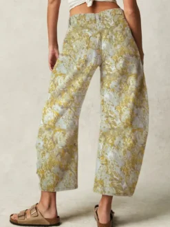 Jean fleuri à rayures pour femme - Pantalon en denim jaune rétro style fer à cheval - Collection streetwear décontractée printemps 2026
