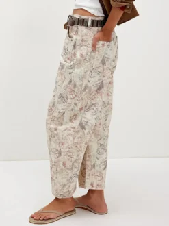 Jean à imprimé chat pour femme - Pantalon en denim beige neutre style rétro à jambes larges en forme de fer à cheval - Collection printemps-été 2026