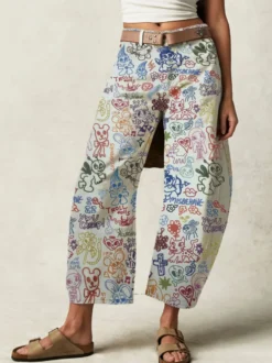 Jean à imprimé graffiti pour femme - Pantalon en denim large coupe en fer à cheval style bohème - Tenue de pique-nique printanière 2026