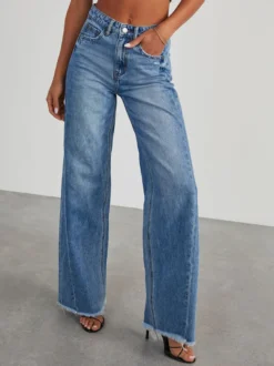 Jean large à coutures apparentes pour femme - Denim délavé à ourlet brut rétro - Collection streetwear décontractée printemps 2026