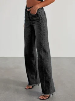 Jean large à coutures apparentes pour femme - Denim délavé à ourlet brut rétro - Collection streetwear décontractée printemps 2026
