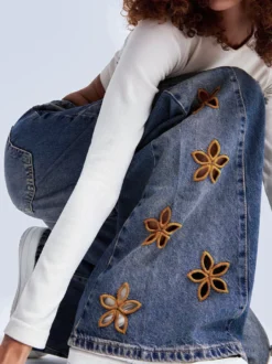 Jean large à fleurs découpées pour femme - Délavage moyen style vintage Y2K - Streetwear du festival de printemps 2026
