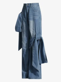 Jean large à nœud papillon pour femme - Bleu moyen style Y2K taille haute coupe baggy - Collection streetwear printemps 2026