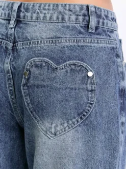 Jean large à poches en forme de cœur pour femme - Jean bleu délavé style années 2000 - Pantalon baggy droit - Streetwear printanier tendance 2026