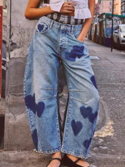 Jean à motif cœur pour femme - Pantalon en denim bleu clair style fer à cheval - Festival de musique de printemps 2026