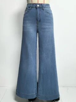 Jean palazzo à jambes larges pour femme - Denim bleu clair rétro taille haute minimaliste évasé - Tenues de vacances d'été 2026