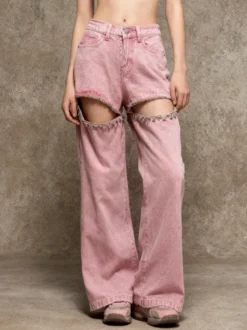 Jean rose à strass découpés pour femme - Pantalon en denim taille haute et jambes larges style années 2000 - Streetwear pour les soirées d'été 2026