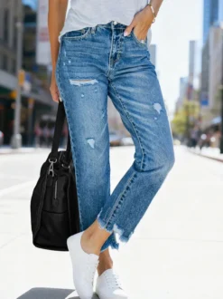 Jeans femme bas en denim délavé court jeans décontractés