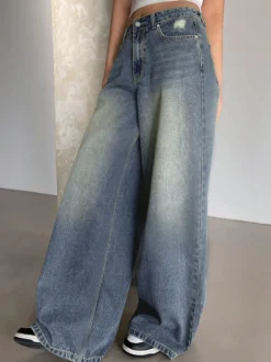 Jean skater baggy taille haute pour femme - Pantalon large effet usé - Streetwear printemps-été 2026